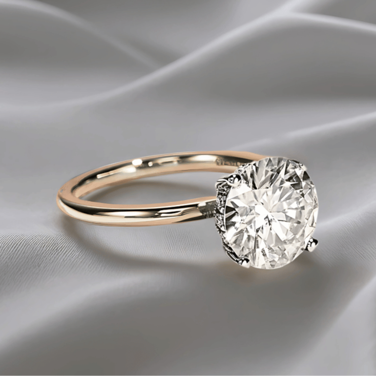 Two-Tone 3ct Moissanite Solitaire Ring with Hidden Halo in Solid Gold Variants