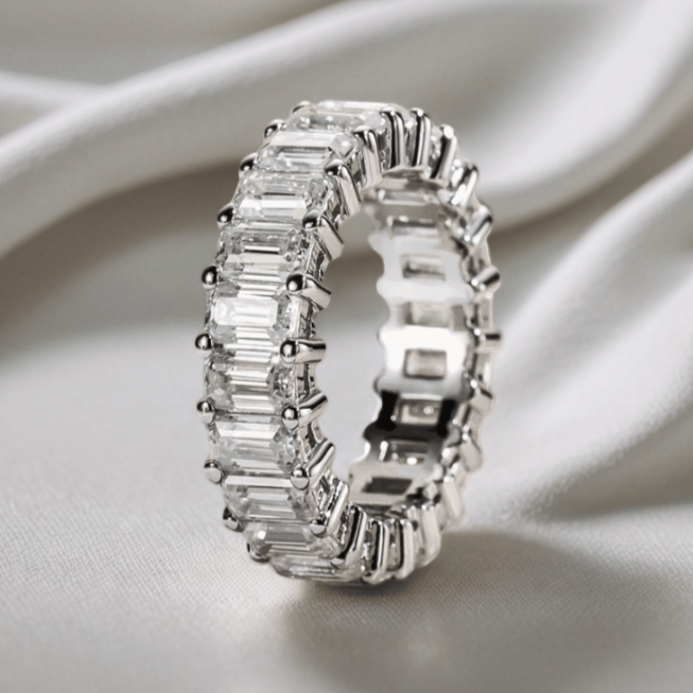 Emerald-Cut 6.3 TCW Full Eternity Moissanite Wedding Band in 18K White Gold Finish