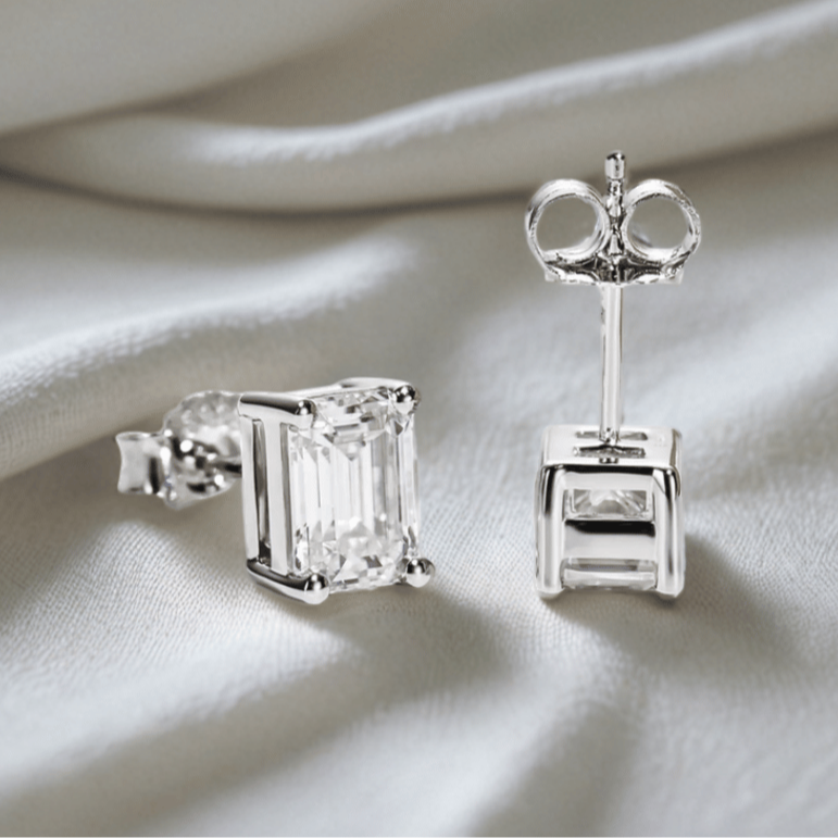 Emerald-Cut Moissanite Stud Earrings - Hypoallergenic