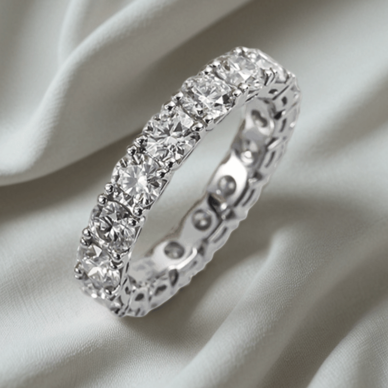 Full Eternity 5 TCW Round Moissanite Wedding Band in 18K White Gold Finish