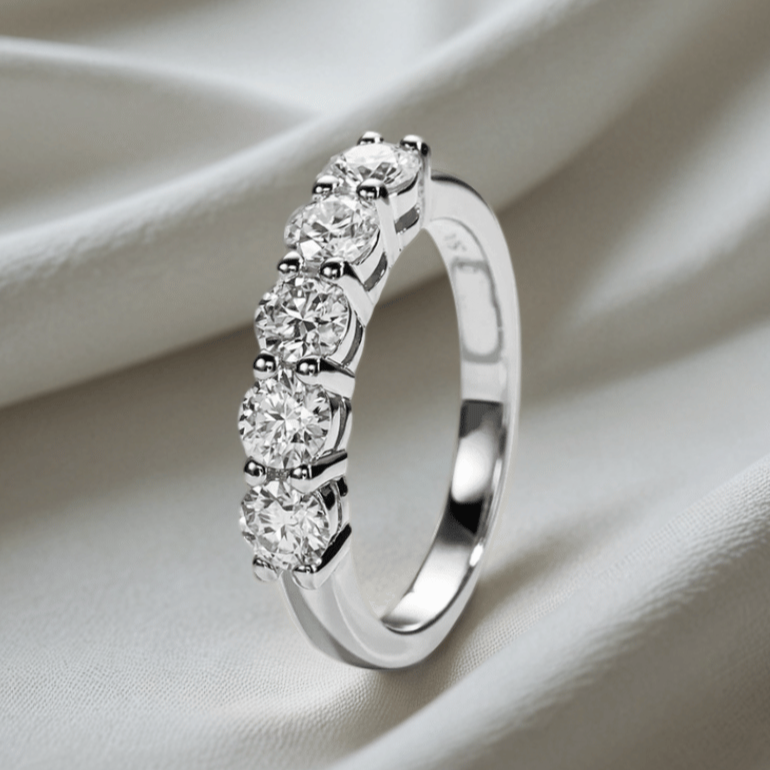 Five-Stone 1.5 TCW Round Moissanite Wedding Band with White or Yellow Gold Finish