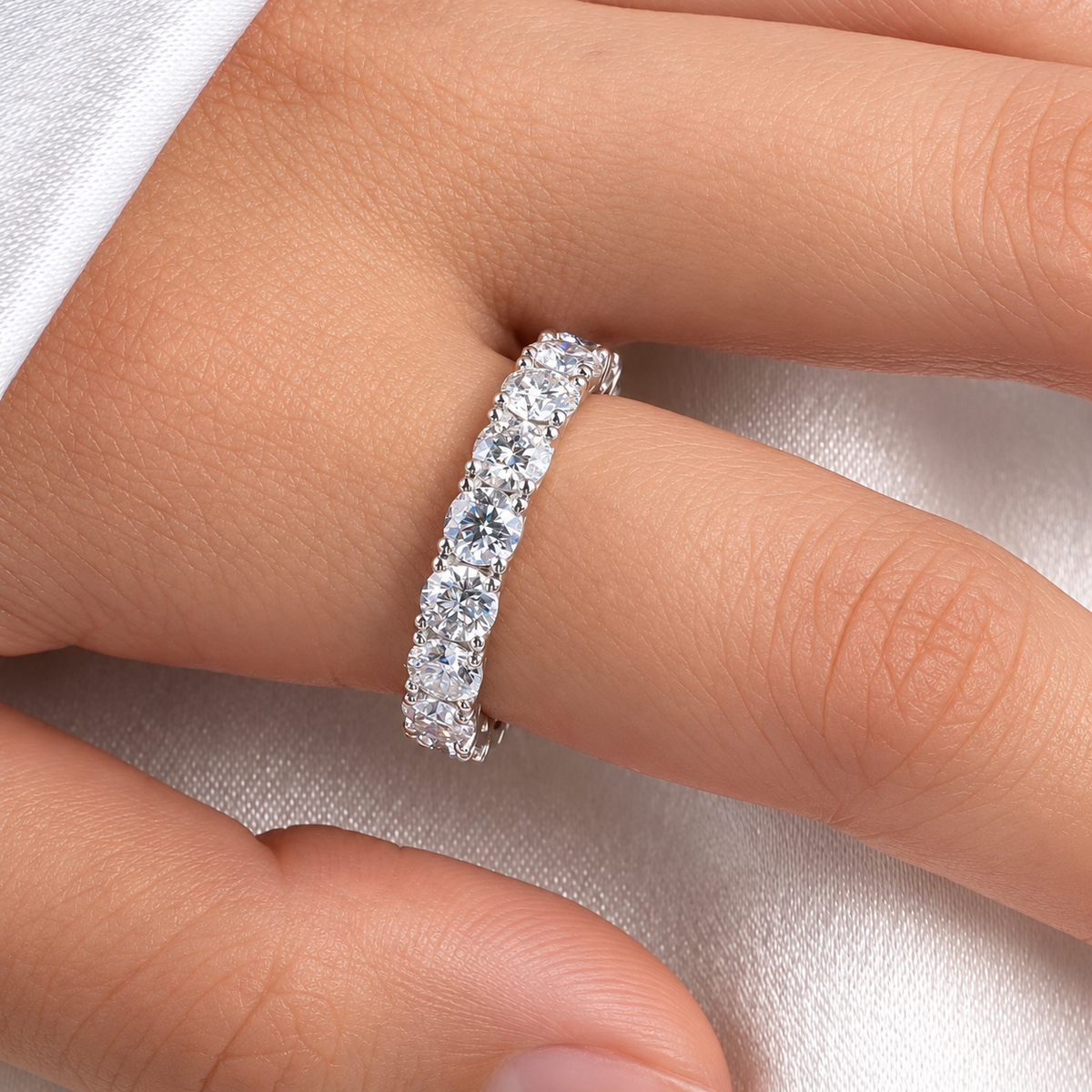 Full Eternity 5 TCW Round Moissanite Wedding Band in 18K White Gold Finish