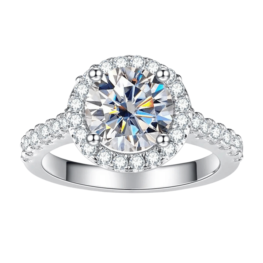 Round 2ct Moissanite Halo Ring with Half Pave in 18K White Gold Finish
