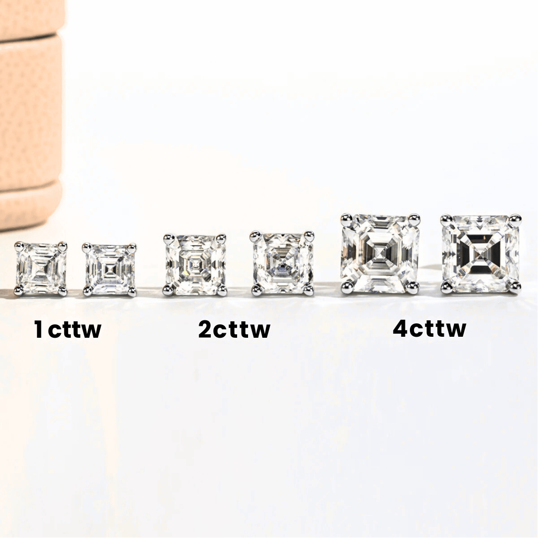 Asscher-Cut Moissanite Stud Earrings | D-Colourless VVS1 with 10K Gold Hypoallergenic Posts