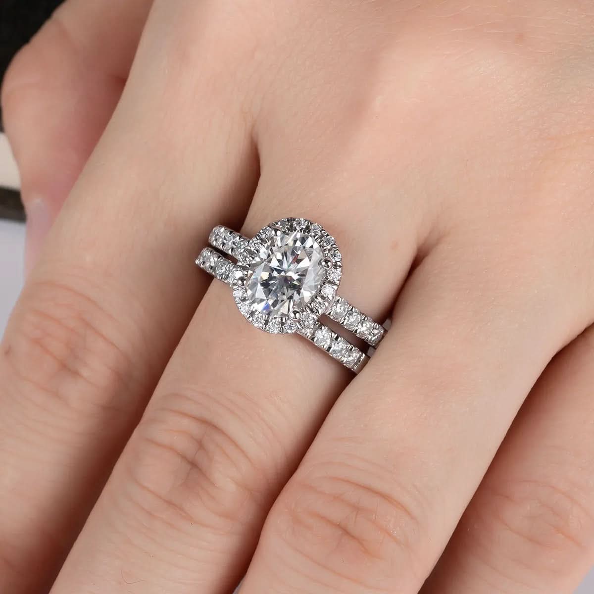 Oval 2ct Moissanite Halo Engagement Ring with Optional Half Pave Wedding Band Set