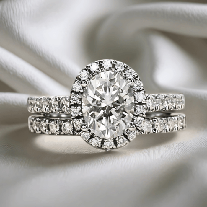 Oval 2ct Moissanite Halo Engagement Ring with Optional Half Pave Wedding Band Set