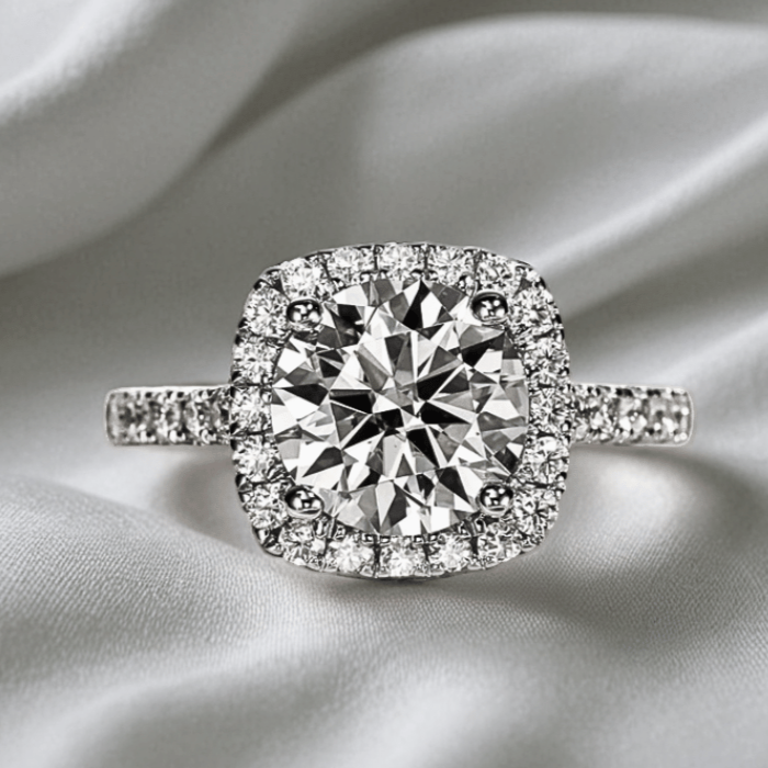 Round 3ct Moissanite Halo Ring with Half Pave in White Gold Plating