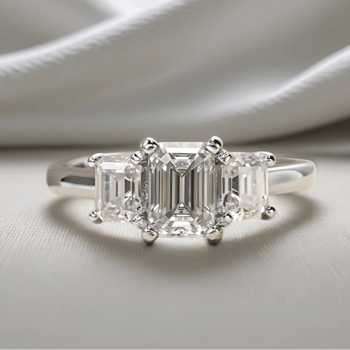 Tri-Emerald 1.8 TCW Moissanite Engagement Ring with 18K White Gold Finish