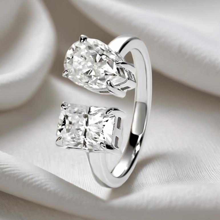 Dual Delight 2ct Radiant & 2ct Pear Cut Moissanite Ring in 18K White Gold Finish