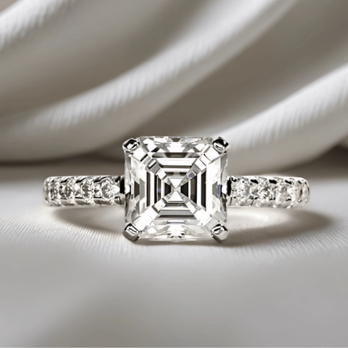 Asscher-Cut 3ct Pave D-Colourless VVS1 Moissanite Engagement Ring - Affordable Luxury