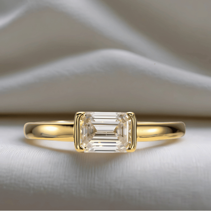 Emerald-Cut 1ct East-West Set Moissanite Ring with 18K Yellow Gold Finish