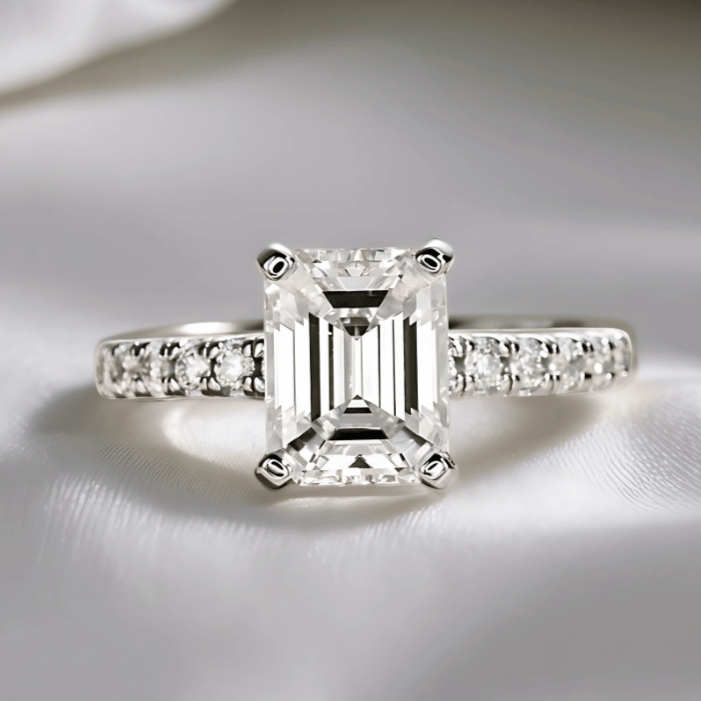 Emerald-Cut 3ct Moissanite Half Pave Ring - Finished in 18K White Gold