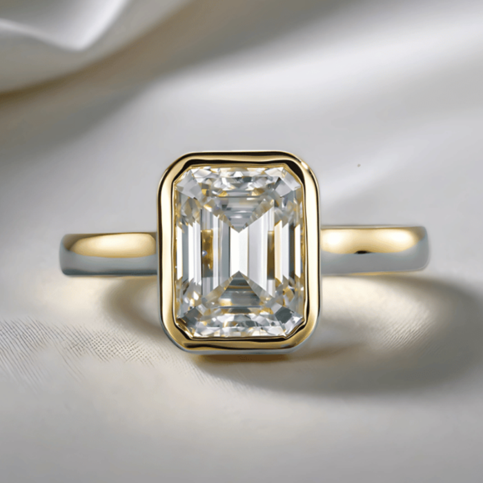 Emerald-Cut 3ct Moissanite Bezel-Set Ring in 18K Yellow Gold Finish