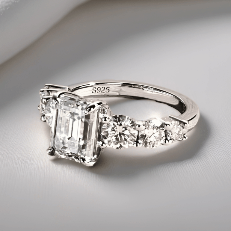 3 Carat Emerald-Cut Moissanite Engagement Ring | 4.8ct, 7-Stone Ring