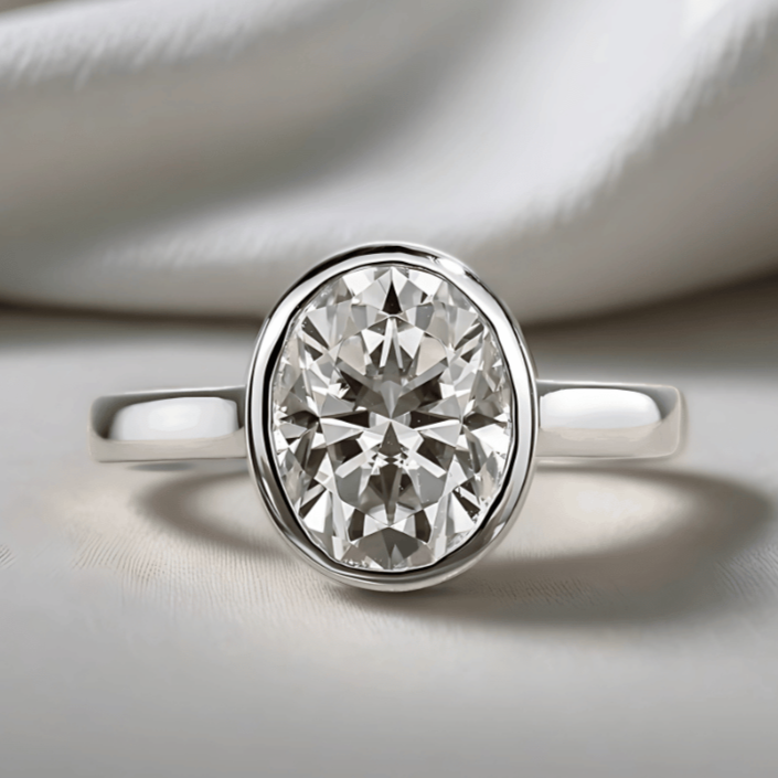 Oval 3ct Moissanite Ring Bezel-Set with 18K White Gold Finish