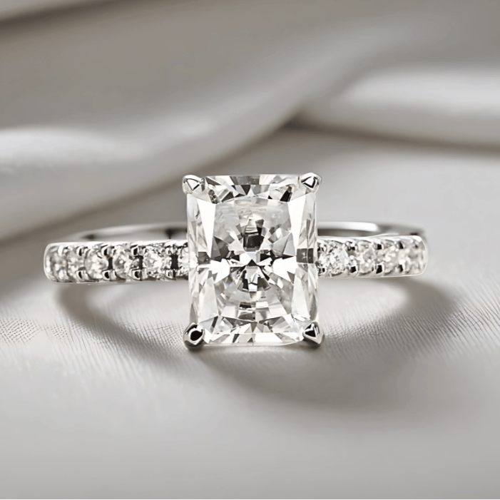 Radiant-Cut 3ct Moissanite Ring with Half Pave Band in 18K White Gold Finish