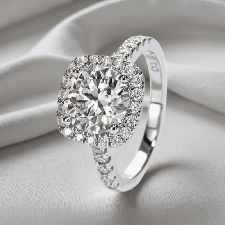 Round 3ct Moissanite Halo Ring with Half Pave in White Gold Plating