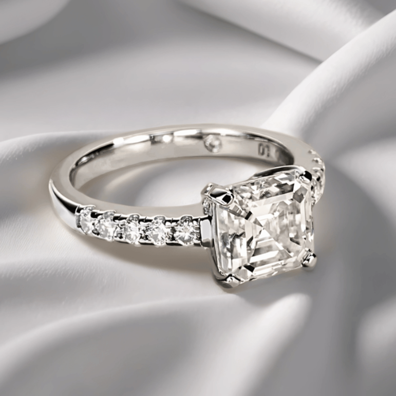 Asscher-Cut 3ct Pave D-Colourless VVS1 Moissanite Engagement Ring - Affordable Luxury