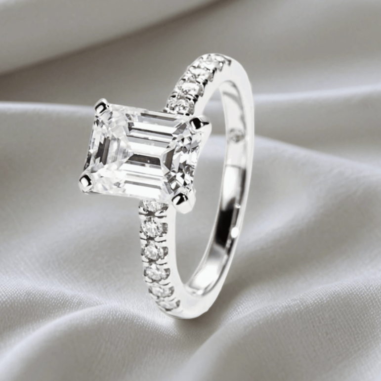 Emerald-Cut 3ct Moissanite Half Pave Ring - Finished in 18K White Gold