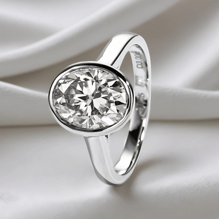 Oval 3ct Moissanite Ring Bezel-Set with 18K White Gold Finish