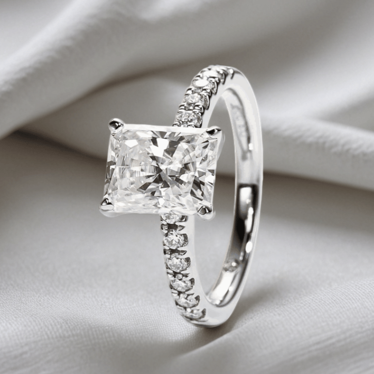 Radiant-Cut 3ct Moissanite Ring with Half Pave Band in 18K White Gold Finish