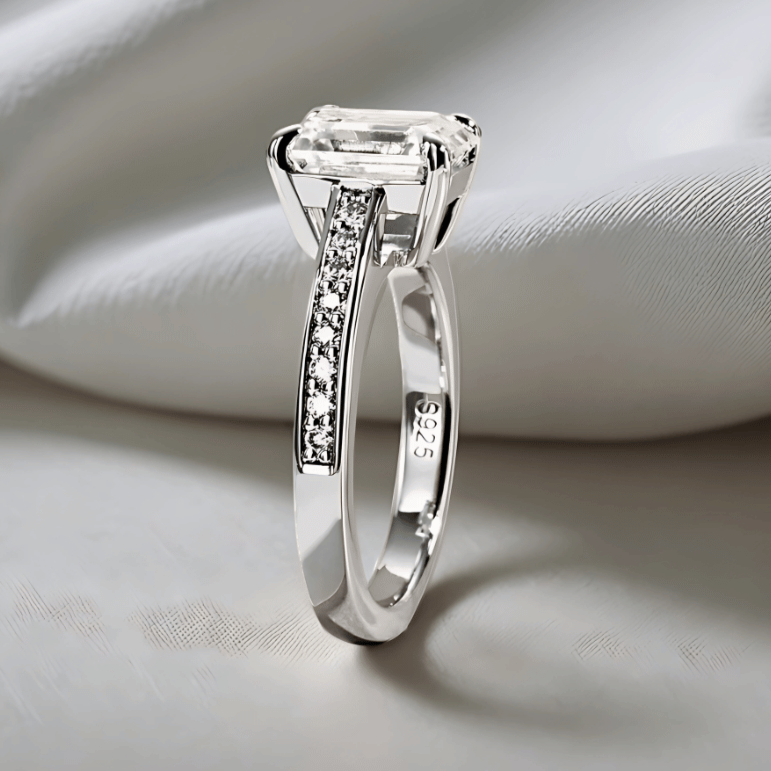 3ct Emerald-Cut Moissanite Engagement Ring | Half Pave Channel Setting with D-Colourless Stones