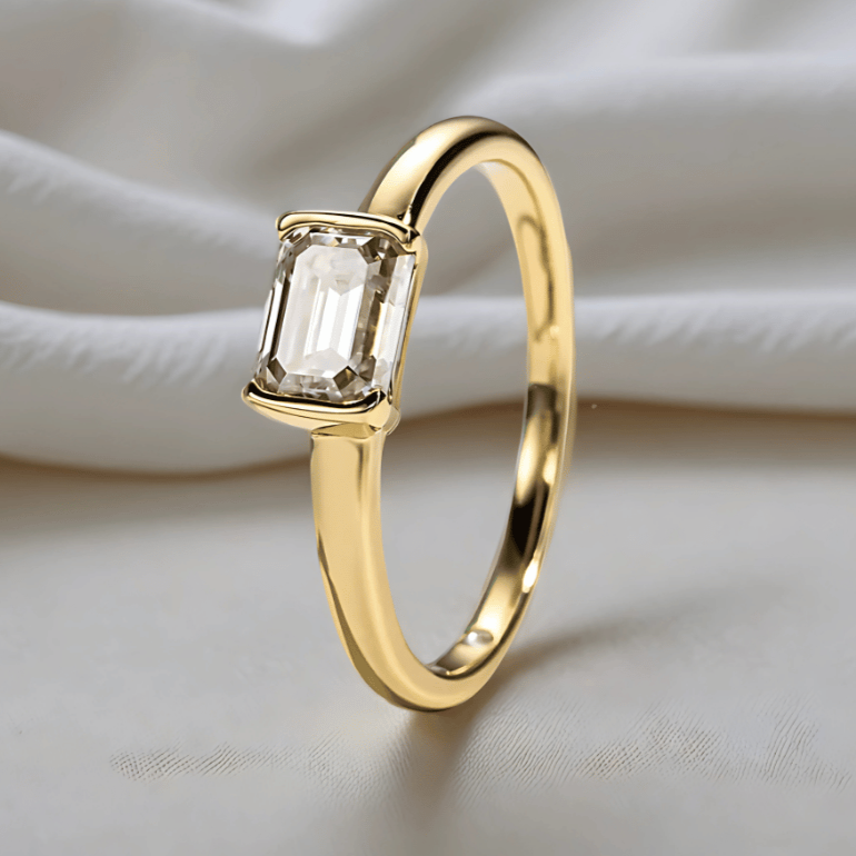 Emerald-Cut 1ct East-West Set Moissanite Ring with 18K Yellow Gold Finish