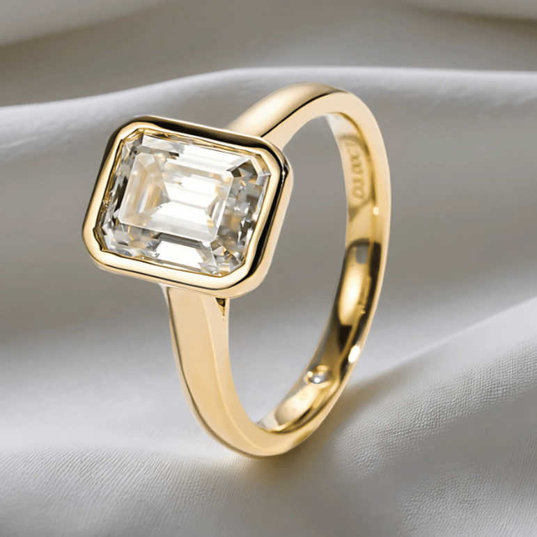 Emerald-Cut 3ct Moissanite Bezel-Set Ring in 18K Yellow Gold Finish