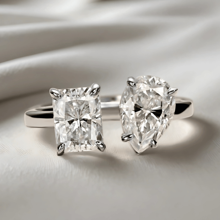 Dual Delight 2ct Radiant & 2ct Pear Cut Moissanite Ring in 18K White Gold Finish
