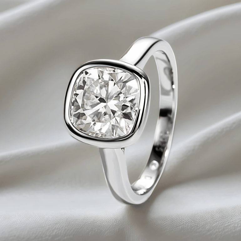 Cushion-Cut 3ct Moissanite Engagement Ring - With Elegant Bezel