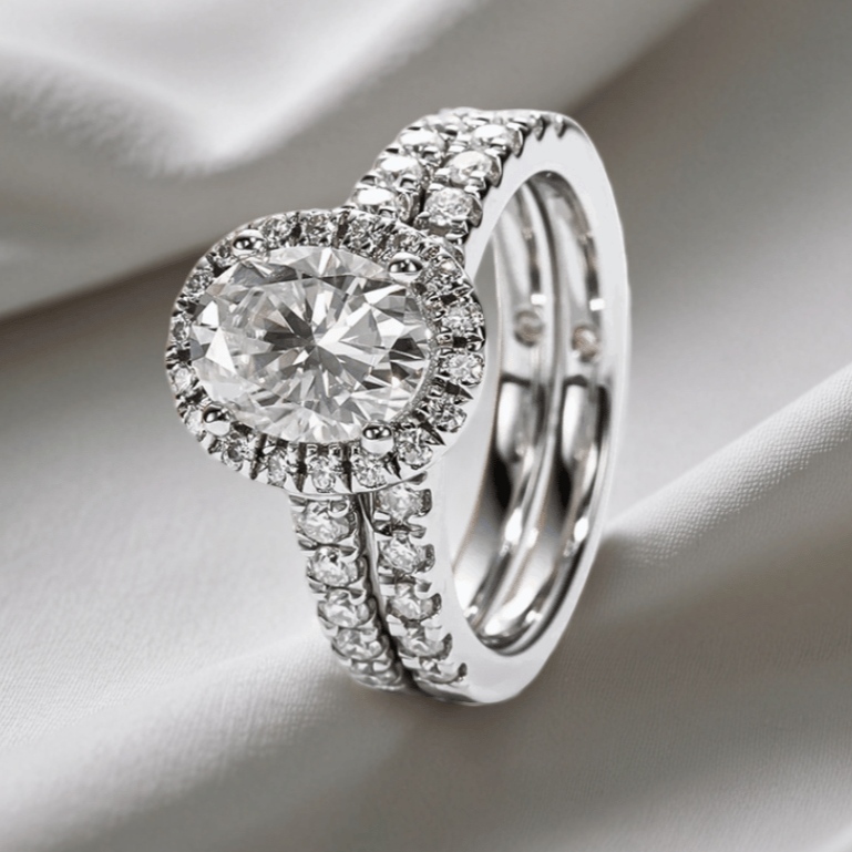 Oval 2ct Moissanite Halo Engagement Ring with Optional Half Pave Wedding Band Set