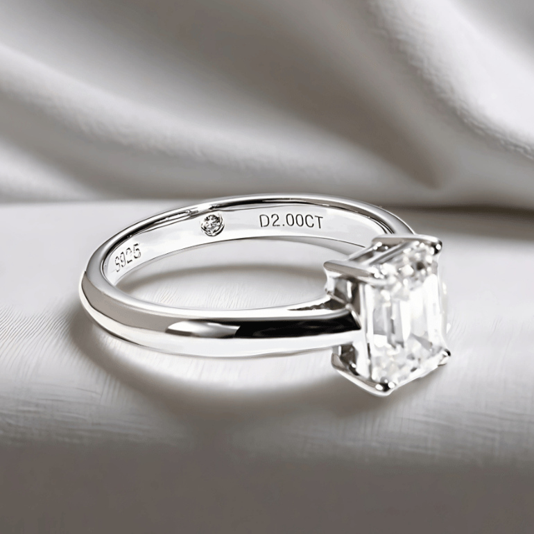 Emerald-Cut 2ct Moissanite Classic Ring with 18K White Gold Finish