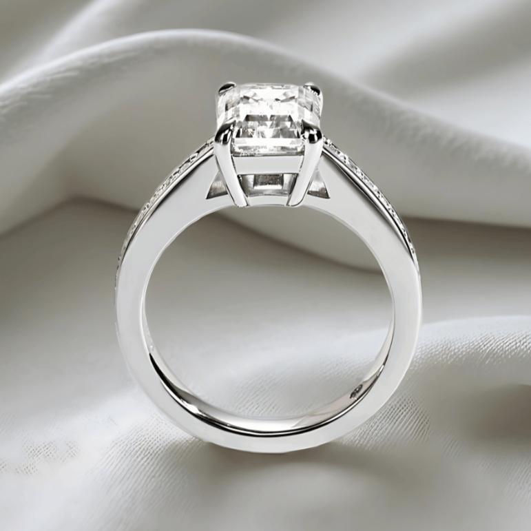 3ct Emerald-Cut Moissanite Engagement Ring | Half Pave Channel Setting with D-Colourless Stones