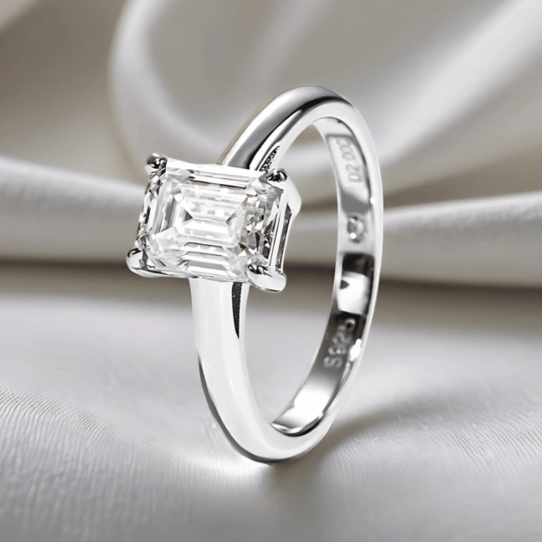 Emerald-Cut 2ct Moissanite Classic Ring with 18K White Gold Finish