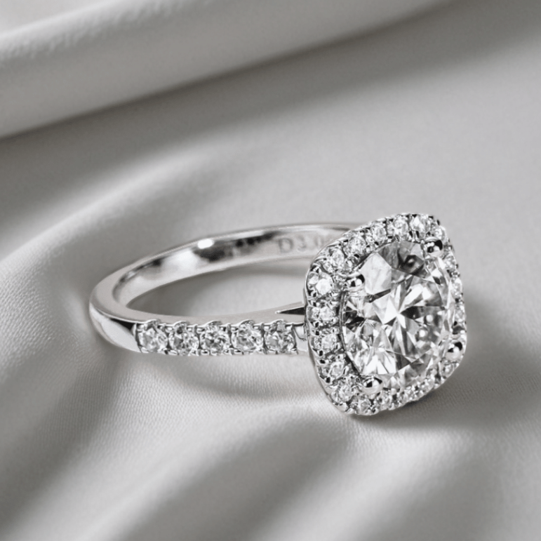 Round 3ct Moissanite Halo Ring with Half Pave in White Gold Plating
