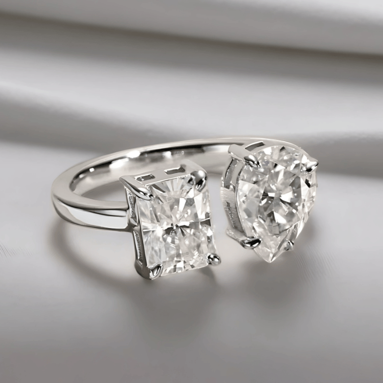 Dual Delight 2ct Radiant & 2ct Pear Cut Moissanite Ring in 18K White Gold Finish
