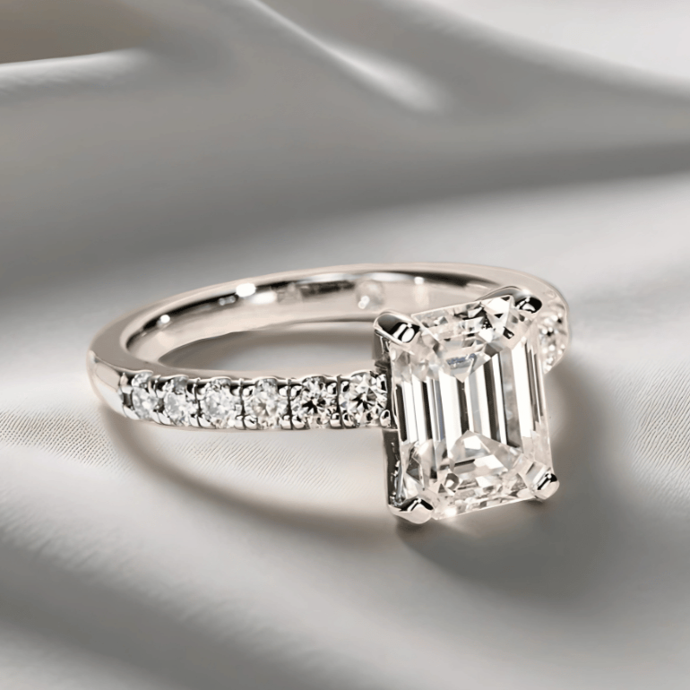 Emerald-Cut 3ct Moissanite Half Pave Ring - Finished in 18K White Gold