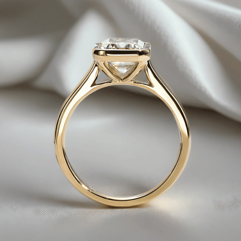 Emerald-Cut 3ct Moissanite Bezel-Set Ring in 18K Yellow Gold Finish