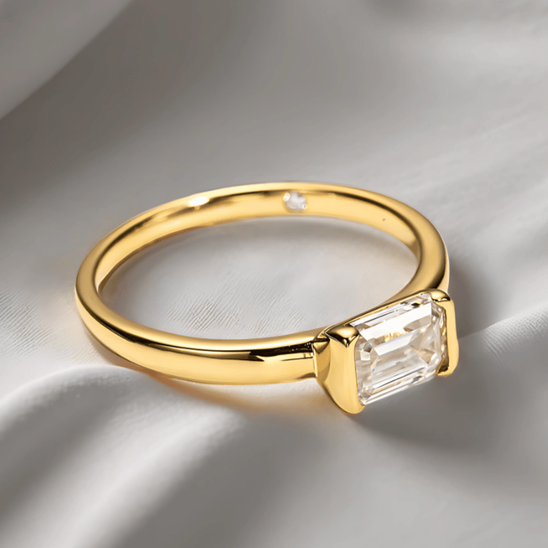 Emerald-Cut 1ct East-West Set Moissanite Ring with 18K Yellow Gold Finish