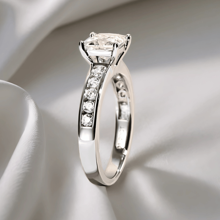 Princess-Cut 1.2ct Moissanite Channel-Set Ring with Matching Band Option in 18K White Gold