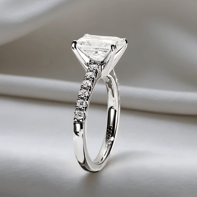 Radiant-Cut 3ct Moissanite Ring with Half Pave Band in 18K White Gold Finish