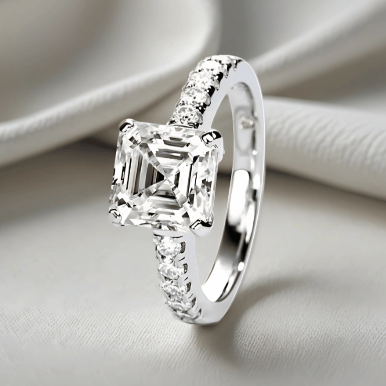 Asscher-Cut 3ct Pave D-Colourless VVS1 Moissanite Engagement Ring - Affordable Luxury