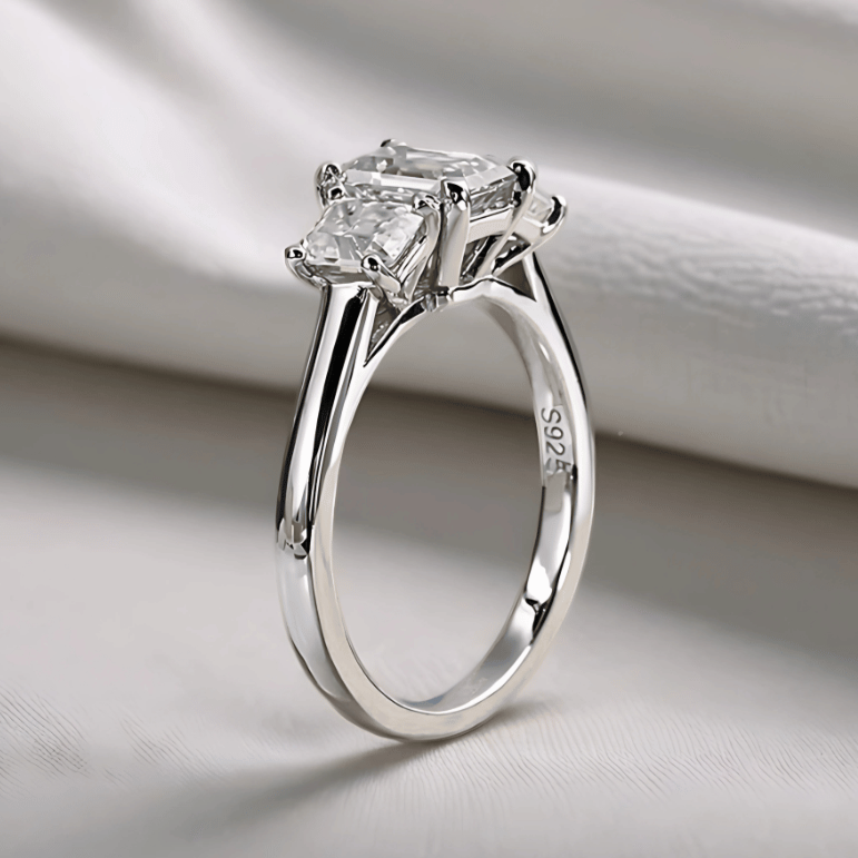 Tri-Emerald 1.8 TCW Moissanite Engagement Ring with 18K White Gold Finish