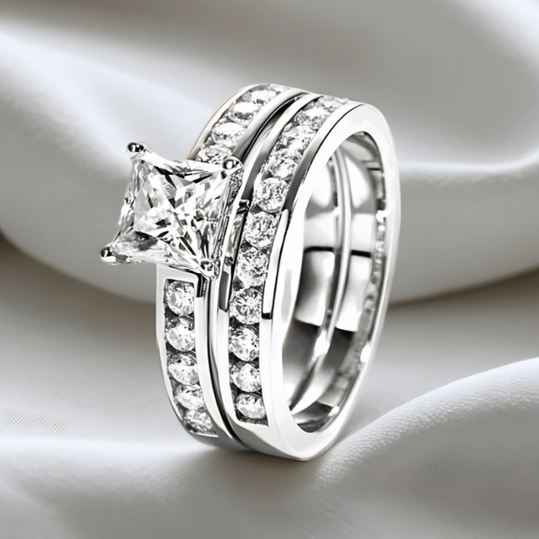 Princess-Cut 1.2ct Moissanite Channel-Set Ring with Matching Band Option in 18K White Gold
