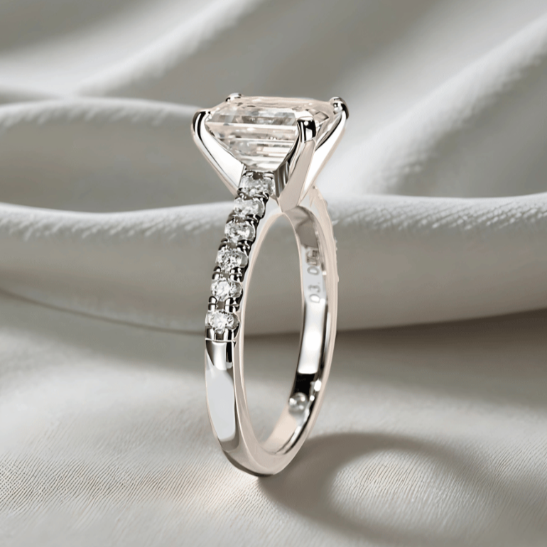 Emerald-Cut 3ct Moissanite Half Pave Ring - Finished in 18K White Gold