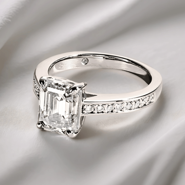 3ct Emerald-Cut Moissanite Engagement Ring | Half Pave Channel Setting with D-Colourless Stones