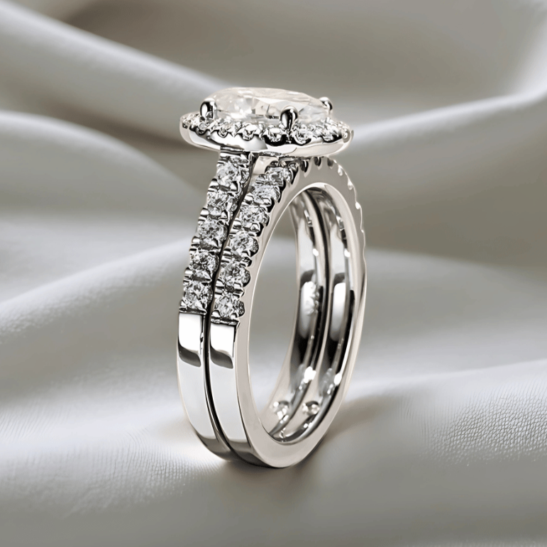 Oval 2ct Moissanite Halo Engagement Ring with Optional Half Pave Wedding Band Set