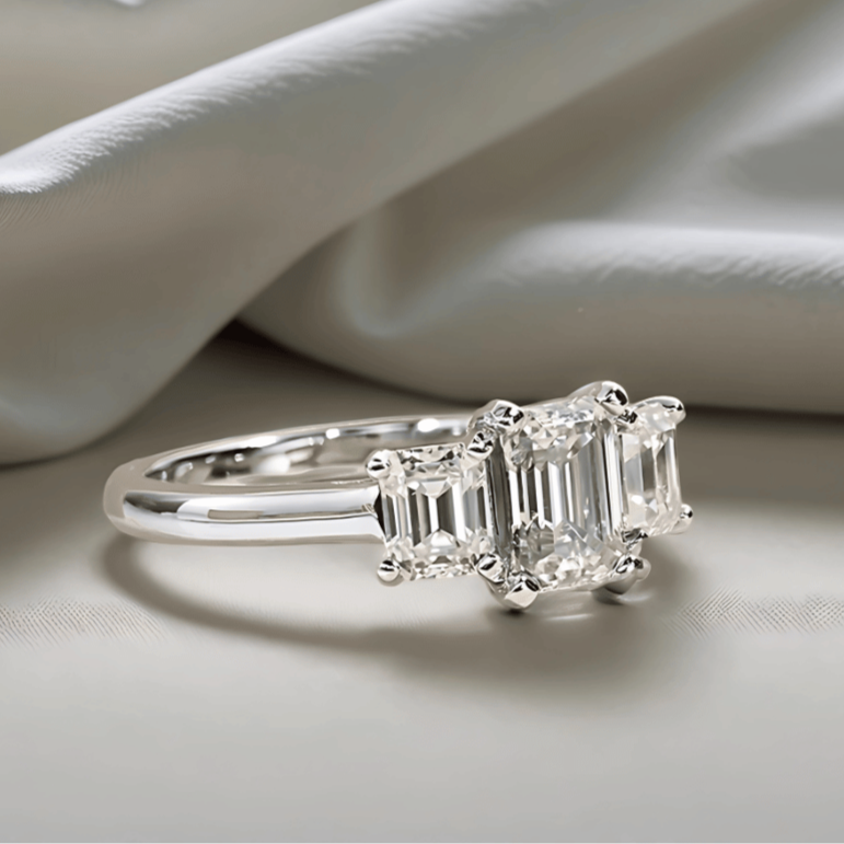 Tri-Emerald 1.8 TCW Moissanite Engagement Ring with 18K White Gold Finish