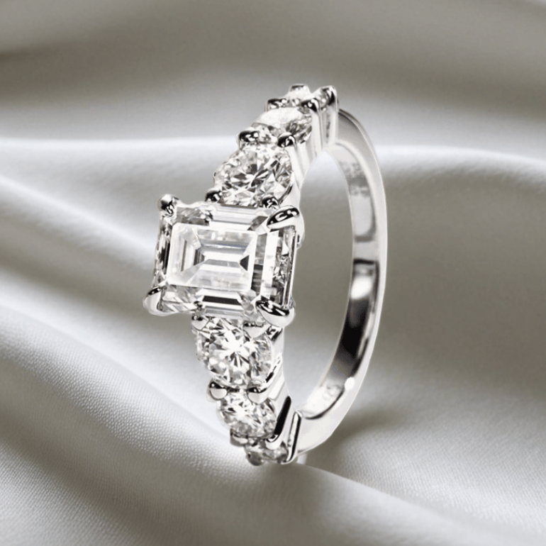 3 Carat Emerald-Cut Moissanite Engagement Ring | 4.8ct, 7-Stone Ring