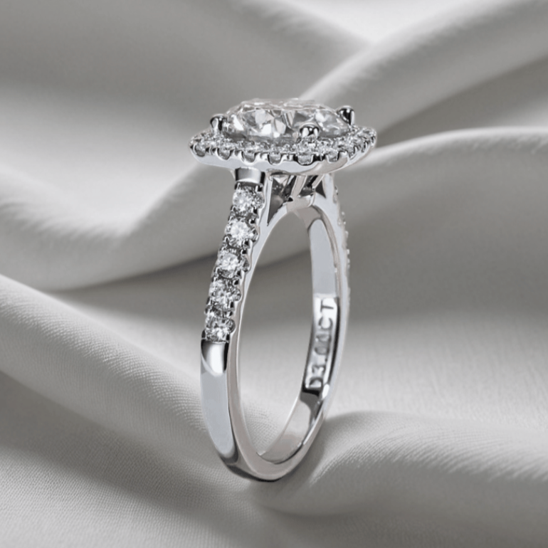 Round 3ct Moissanite Halo Ring with Half Pave in White Gold Plating